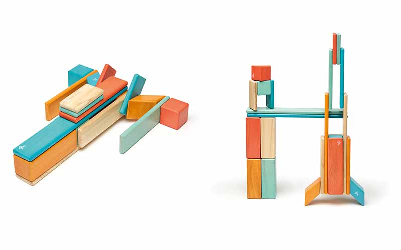 24 magnetic wooden building blocks orange blue Tegu