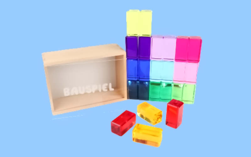 BAUSPIEL Lichtquader aus Acryl in bunten Farben und Holzkasten für 24 Stück
