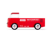 Seitenansicht eines von Candylab Toys interpretiertem "Renndienst" VW Bus Pritschenwagen in rot als Holzauto.
