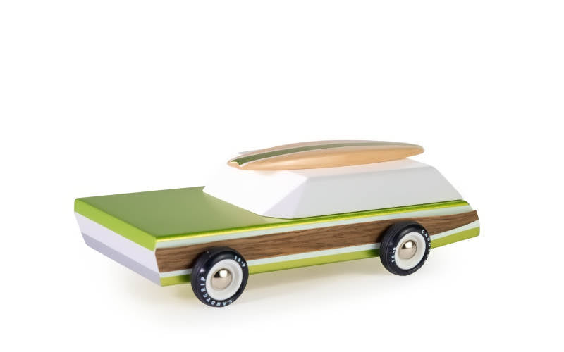 Candylab Toys Surf Wagon Mints aus Holz | Spielzeugauto mit magnetischem Surfbrett auf dem Dach