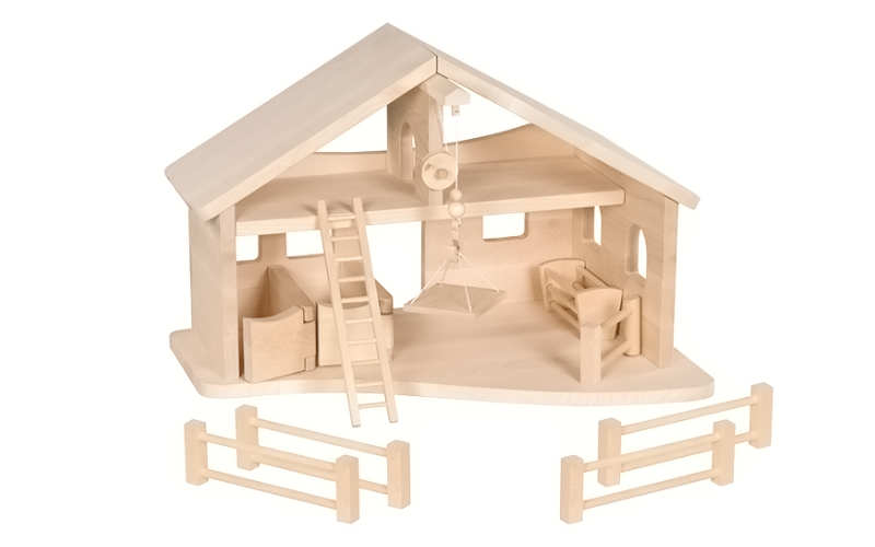 HOLZTIGER Bauernhof aus Holz im Stil eines Stalls mit Seilwinde, Pferdeboxen und Zubehör wie z.B. Gatter