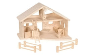HOLZTIGER Bauernhof aus Holz im Stil eines Stalls mit Seilwinde, Pferdeboxen und Zubehör wie z.B. Gatter
