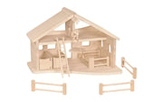 HOLZTIGER Stall aus Holz im Stil einer Bauernhof Scheune mit Seilwinde, Pferdeboxen und Zubehör wie z.B. Gatter