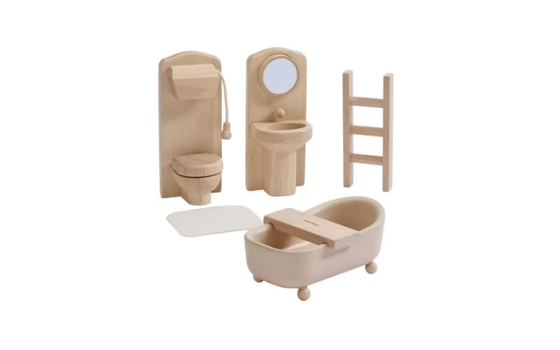 Plantoys Puppenhausmöbel Set aus Holz: Badezimmer im viktorianischen Stil mit Badewanne, Toilette und Waschbecken