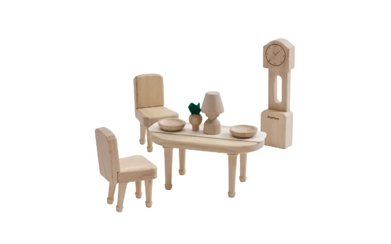 Plantoys Puppenhausmöbel Set aus Holz: Esszimmer im viktorianischen Stil mit Tisch, Stühlen und Standuhr
