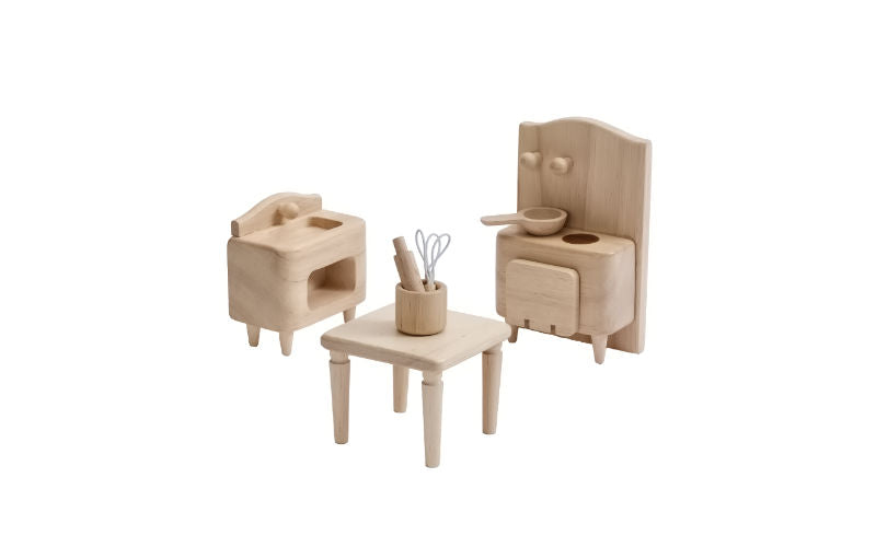 Plantoys Puppenhausmöbel Set aus Holz: Küche im viktorianischen Stil mit Arbeitstisch, Waschtisch und Herd