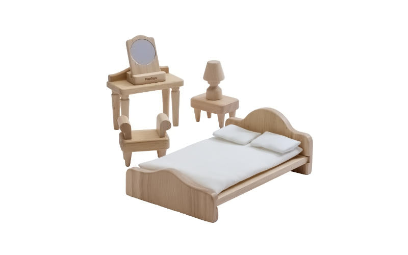 Plantoys Puppenhausmöbel Set aus Holz: Schlafzimmer im viktorianischen Stil mit Doppelbett, Nachttisch und Schminktisch