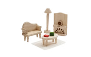Plantoys Puppenhausmöbel Set aus Holz: Wohnzimmer im viktorianischen Stil mit Sofa, Beistelltisch und Kamin