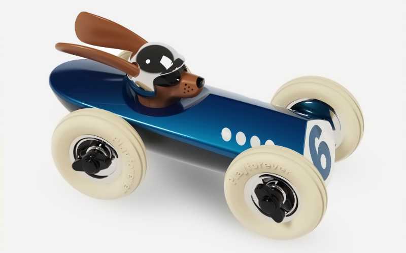 Playforever Rufus Bertie blaues Spielzeug Rennauto mit Hund