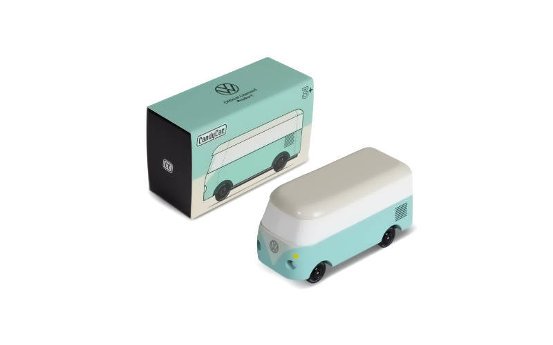 Spielzeugauto von Candylab Toys lizensiert von Volkswagen - VW Bus T1 in Surfline Teal als Candycar Holzauto