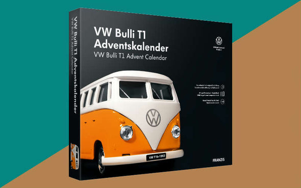 Adventskalender für Männer mit VW Bulli T1 (orange) Auto Modell Bausatz im Maßstab 1:43 für die Adventszeit