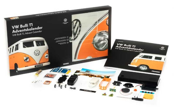 Auto Adventskalender für Männer mit VW Bulli T1 (orange) Modellauto Bausatz (1:43) für die Adventszeit