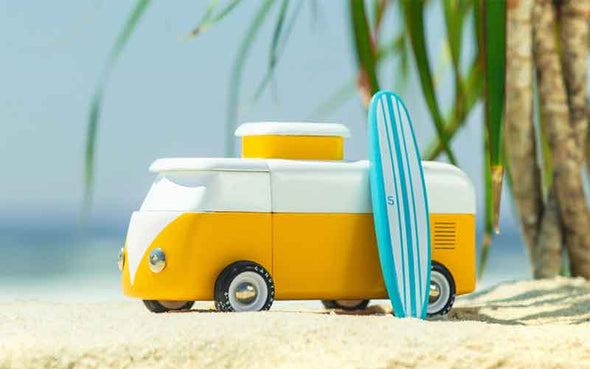 Candylab Toys Beach Bus Sunset Gelb | Campervan Holzauto für Kinder und Sammler
