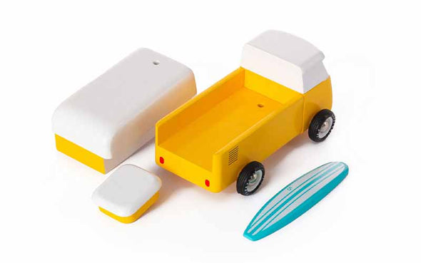 Candylab Toys Beach Bus Sunset gelber Holz Campervan | Magnetisches Zubehör