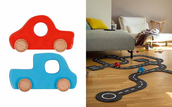 Play road made of felt with 2 vehicles | goki