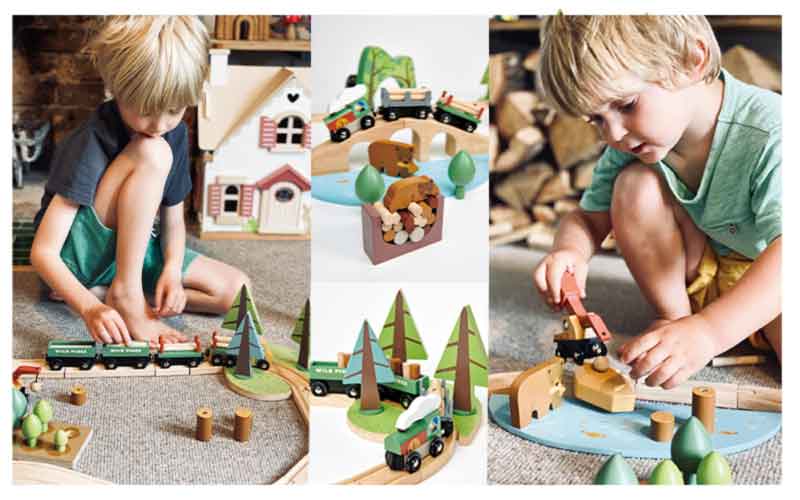 Holz Eisenbahn Set Waldarbeiter von Tenderleaf | Holzeisenbahn mit viel Forstwirtschaft Zubehör