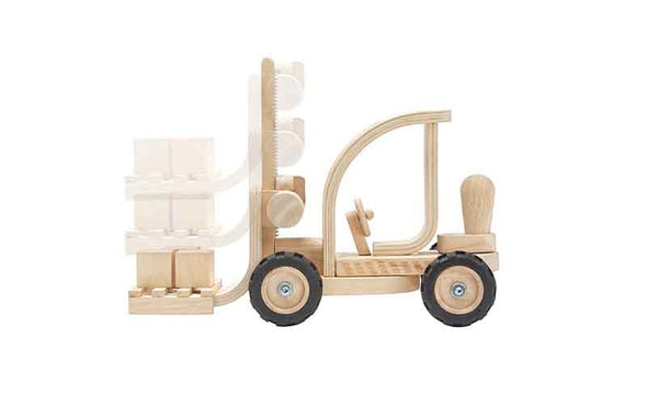 Holzspielzeug Plan Toys Gabelstapler aus Holz | Stapler für Kinder mit kleiner Holzpalette