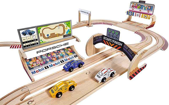 Porsche Spielzeug Rennstrecke für Holz-Spielzeugautos | Porsche 911 Teststrecke aus Holzschienen (kompatibel mit Holzeisenbahn)