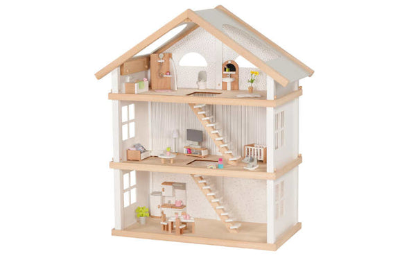 Puppenhaus aus Holz mit Zubehör von Goki | Dieses hölzerne Puppenspielhaus kommt vollmöbliert