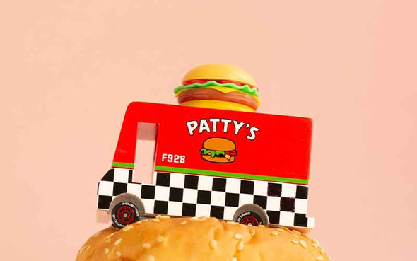 Spielzeugauto von Candylab Toys | CANDYCAR Burger Van Holzauto - das perfekte Geschenk für alle Burger Liebhaber